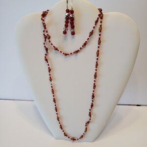 34" "Ghost Beads" Juniper Beads/Ruby/Pearl Seed Beads/Red Silver Hook Earrings